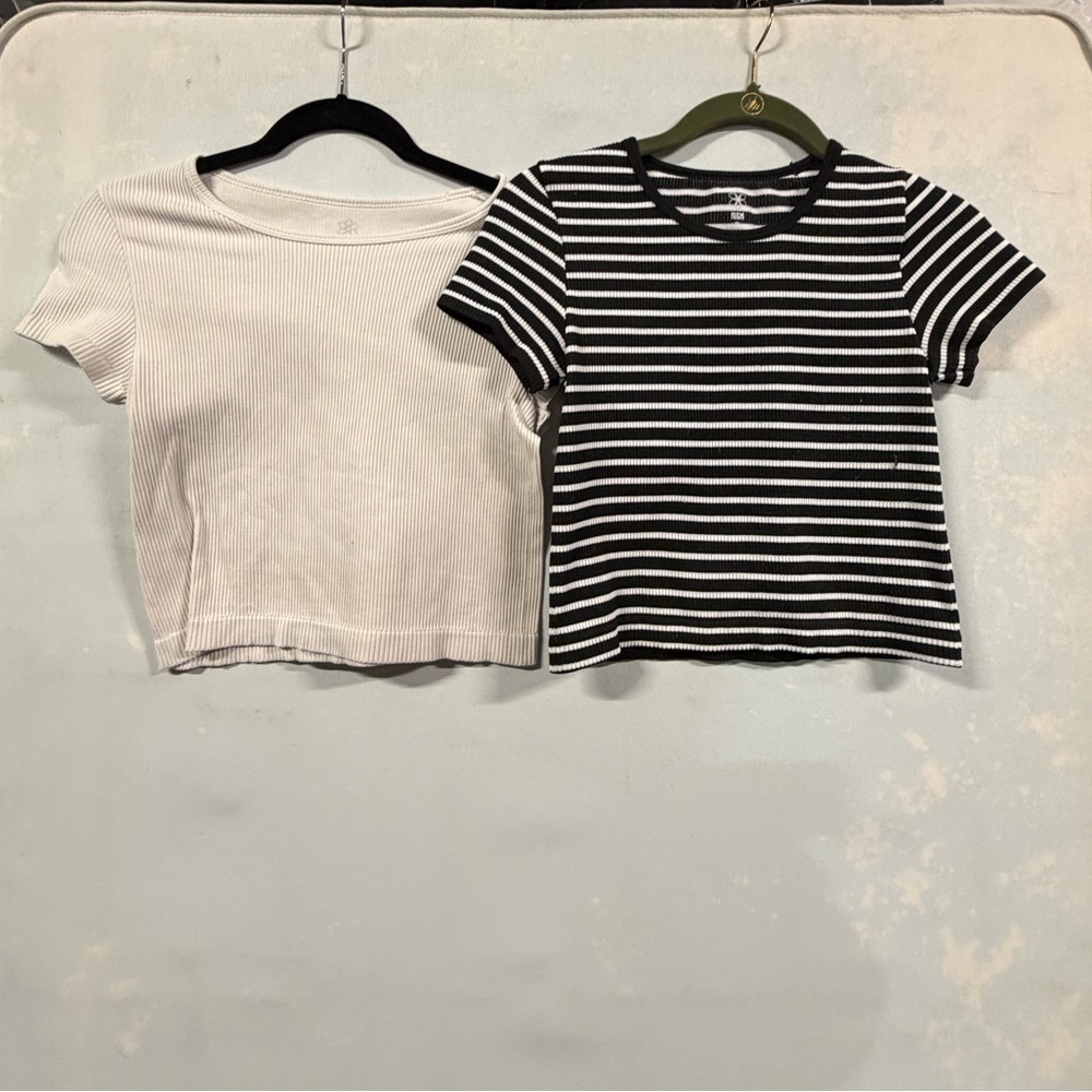 Aura Ribbed Cropped Tees (Sold as a pair!!) one stripped and one white